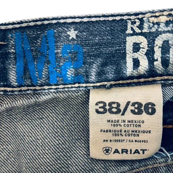 Ariat M2 Relaxed Bootcut Blue Jeans Mens 38 x 34 Distressed Faded Western Cowboy - Picture 9 of 10